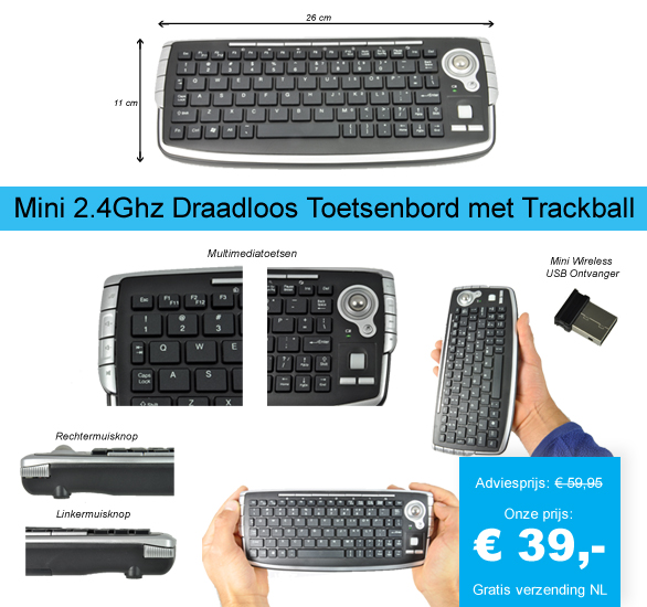 123 Dagaanbieding - Mini 2.4Ghz Draadloos Toetsenbord Met Trackball