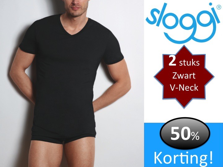 Een Dag Actie - 2X Sloggi Men Basic Shirt V-neck Zwart