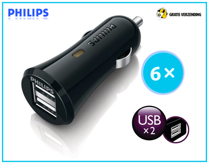 Dagknaller - Philips Dubbele Usb-Autolader - 6-Pack