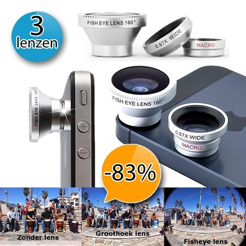 Deal Digger - 3 Lenzen Voor Je Iphone Of Android Smartphone - Fish Eye-, Groothoek- En Macrolens!