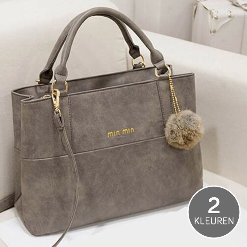 Deal Digger - Handige Nubuck Handtas Met Fluffy Pom Hanger