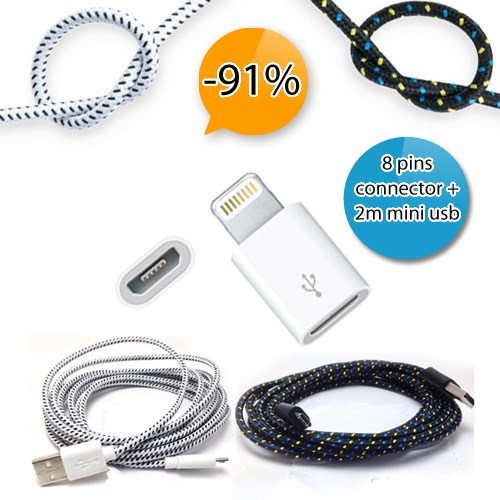 Deal Digger - Lightning Naar Micro Usb Adapter + 2M Stevige Nylon Micro Usb Oplaadkabel