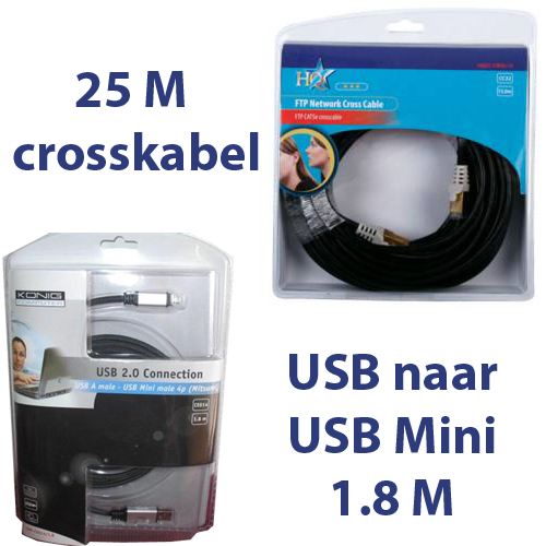 Gave Aktie - 25 Meter Cat 5E Cross Kabel + Usb Naar Usb Mini 1.8 Meter