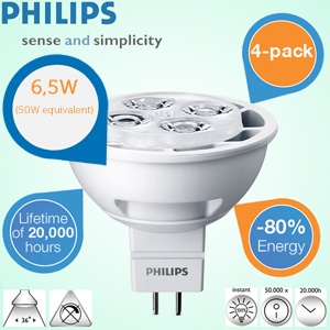 iBood - 4-pack Philips LED spotjes GU5.3 met 380 lumen, 2700 k en 20.000 branduren