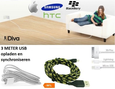 IDiva - Stoffen 3 Meter Usb Kabel