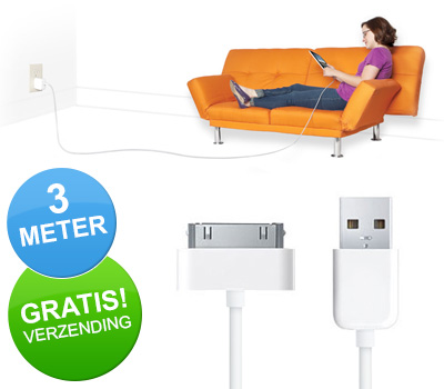 Koopjessite - 3 meter actie: Extra lange iPhone, Micro USB of Galaxy Tab USB kabel!