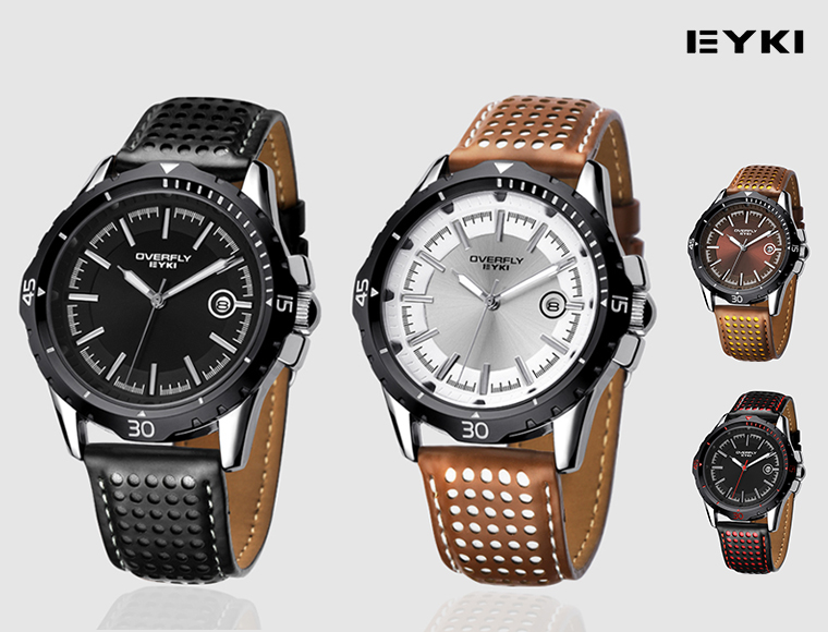 Lifestyle Deal - Stijlvol Eyki Overfly Horloge Met Lederen Band En Datumweergave In 4 Kleuren