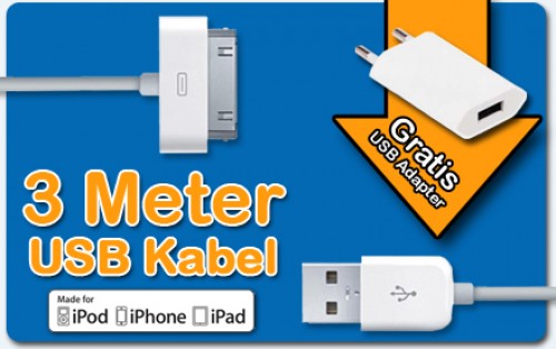 Super Dagdeal - 3 meter lange usb kabel met gratis USB adapter!