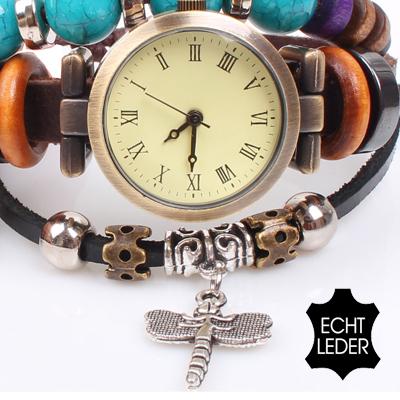 Waat? - Leren armbandhorloge met kralen (vintagelook)