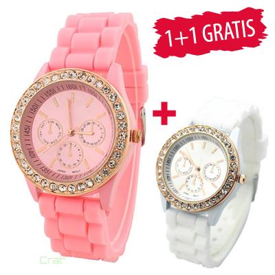 Waat? - Siliconen horloge poederroze &amp; wit: 1+1 gratis